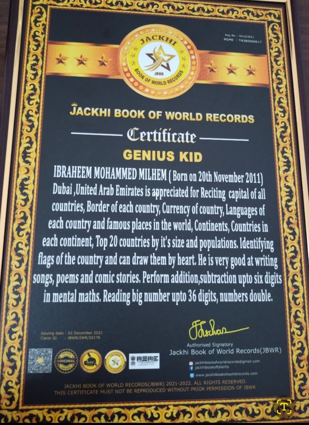 Genius Kid Title – World Record Holder – Ibraheem Milhem