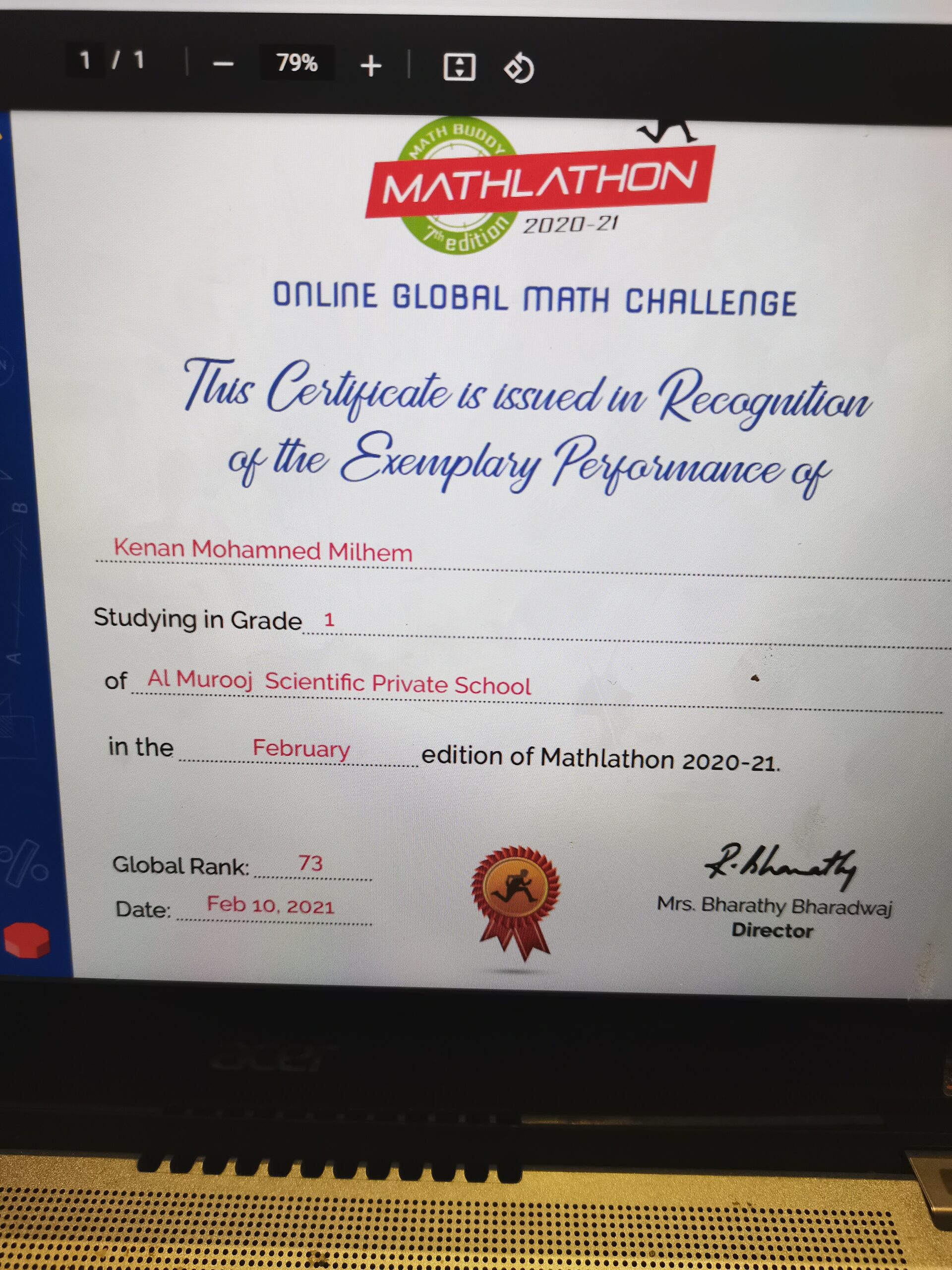 Certificate for Global Math Challenge