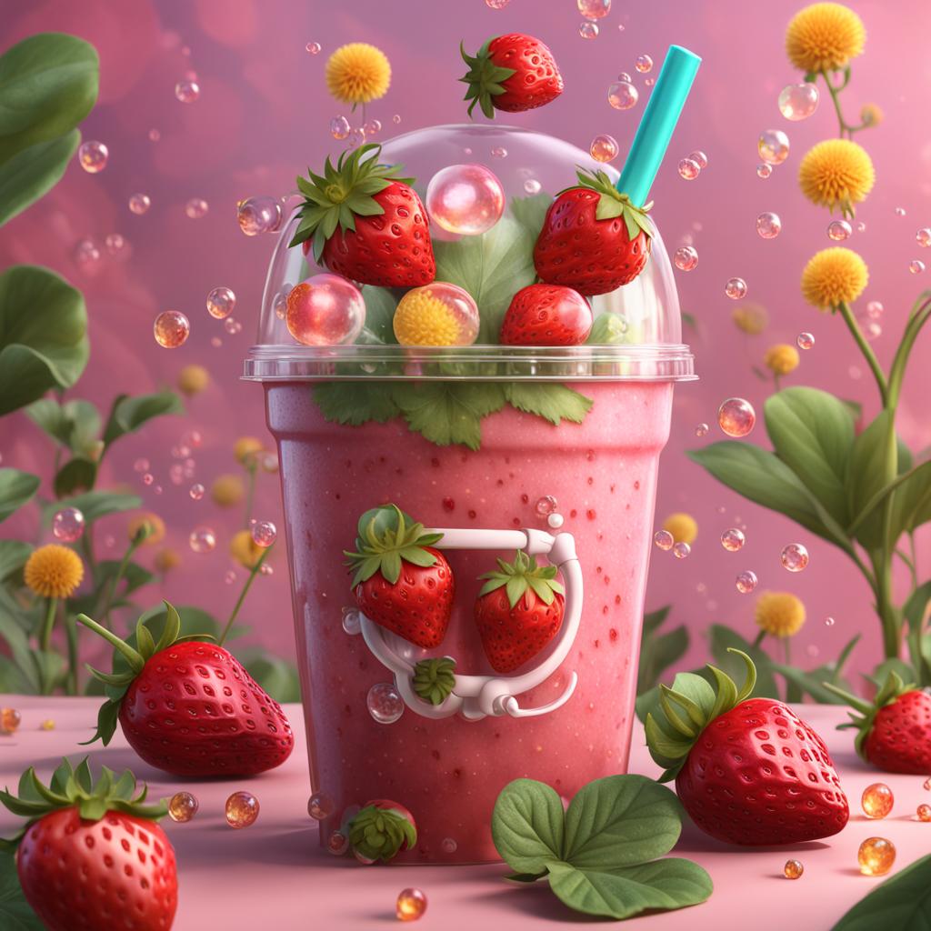 hyperrealistic, Strawberry Bubble Tea, cute face. Dandelions