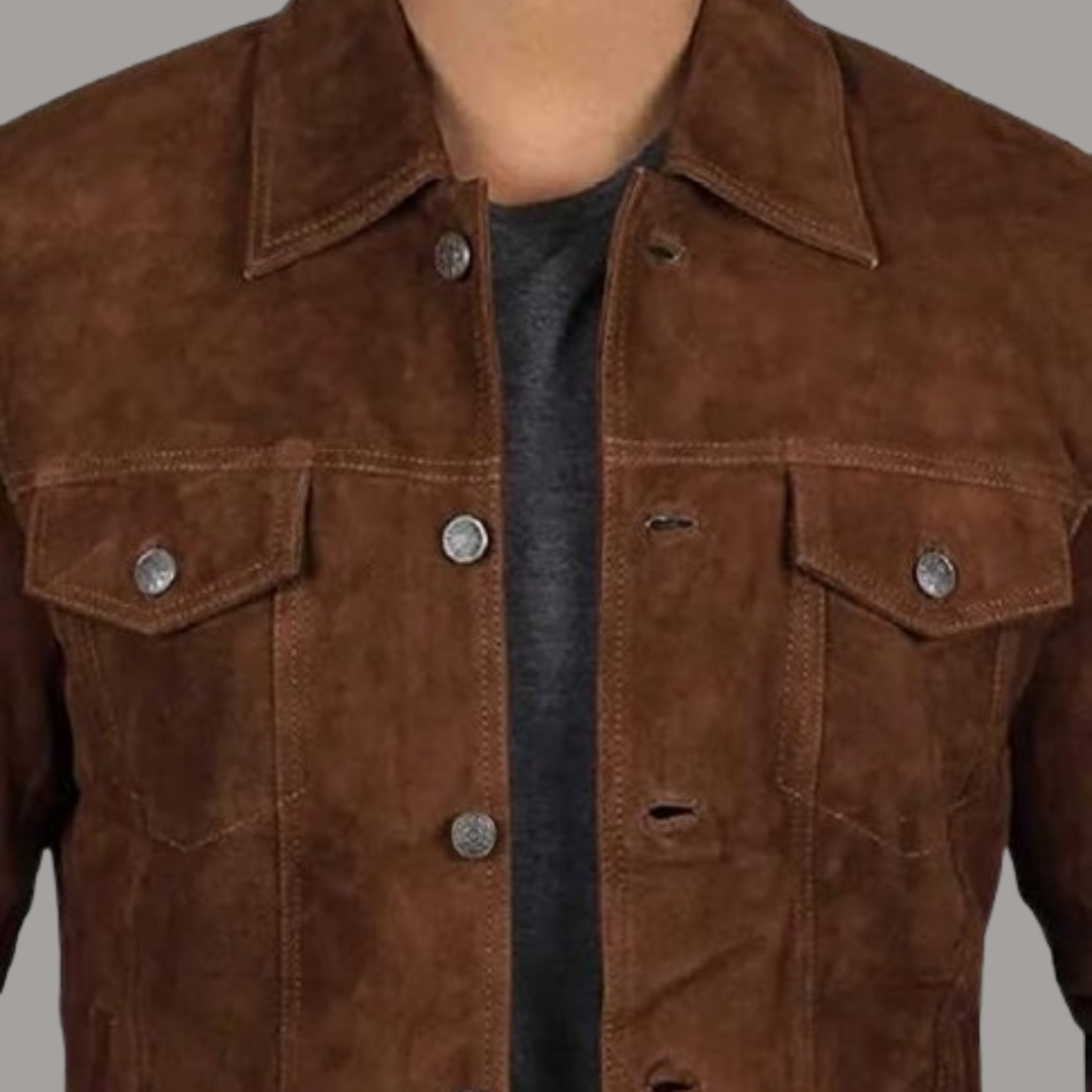 Classic Brown Suede Leather Jacket Elevate your style with our classic brown suede leather jacket, meticulously crafted from genuine sheepskin suede leather. Known for its softness and durability, this jacket combines luxury with practicality. The sleek design features a button front closure, ensuring a secure and stylish fit that’s perfect for both casual outings and more formal occasions. — image 5