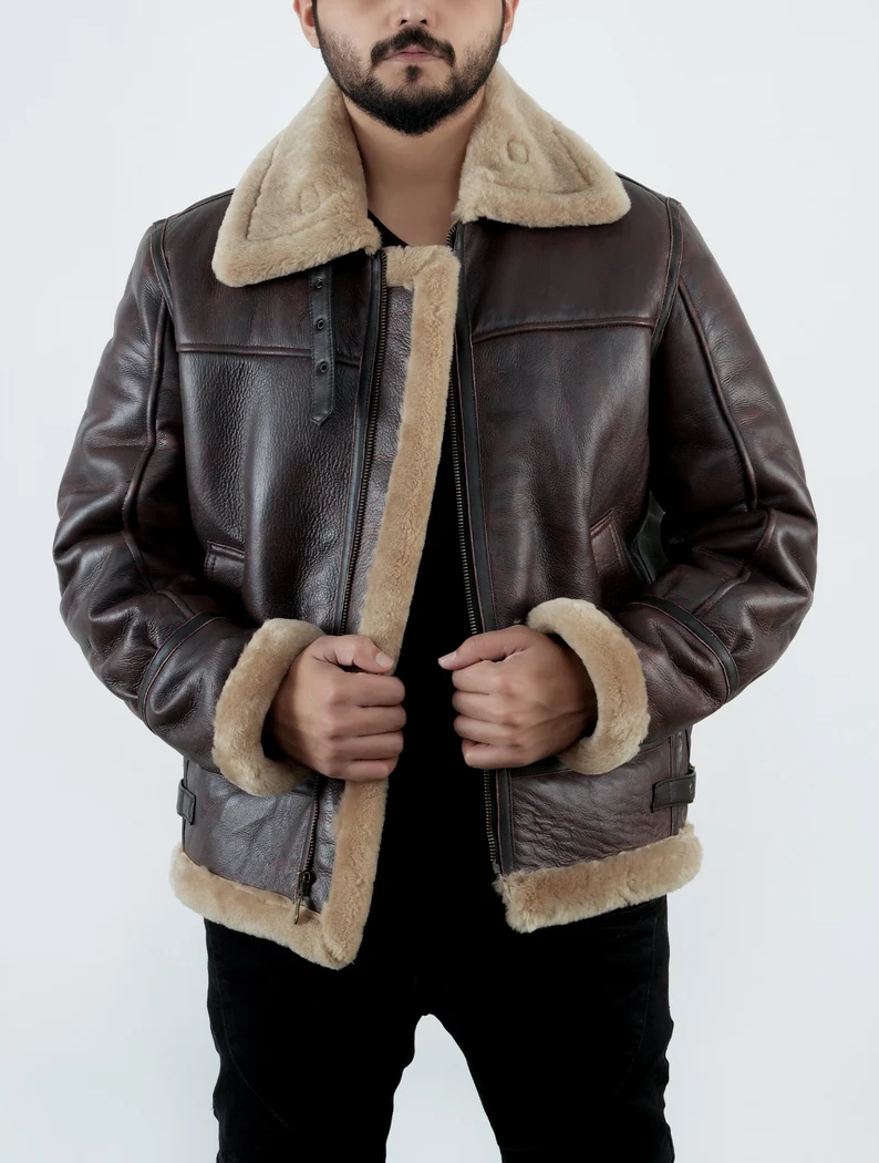 B3 RAF Brown Mens Bomber Flying Aviator Fur Irvin Shearling Leather Jacket B3 Bomber Sheepskin Leather Jacket Handmade Leather Jacket — image 2