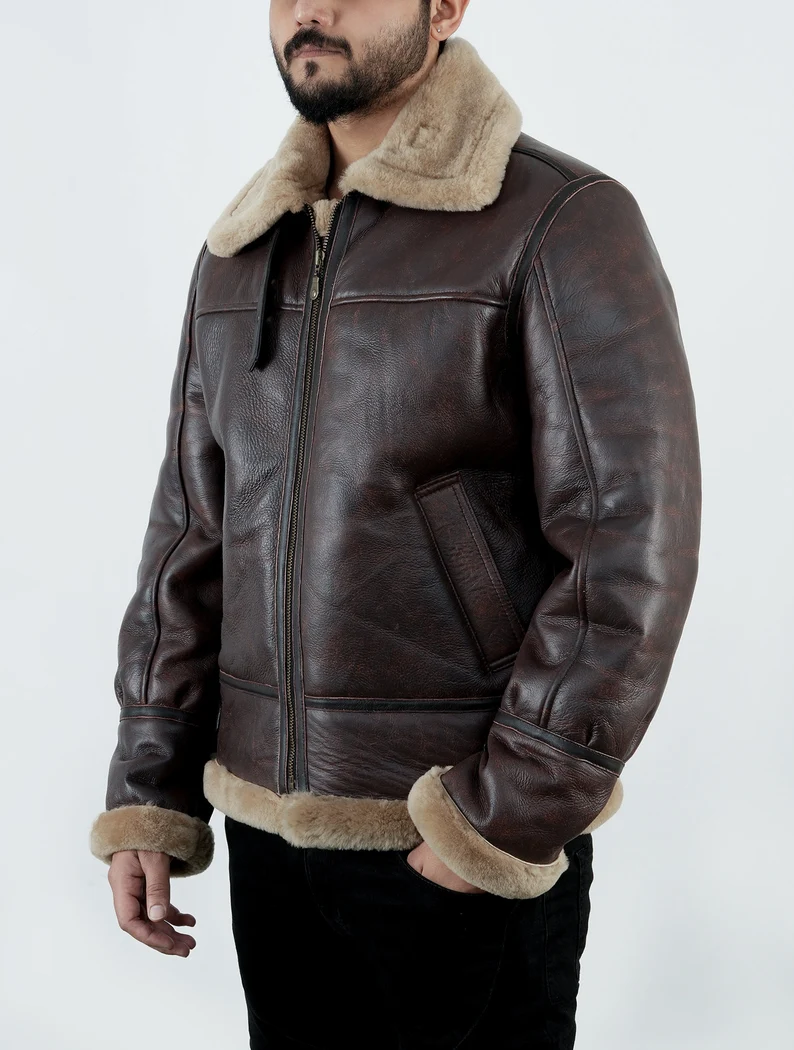 B3 RAF Brown Mens Bomber Flying Aviator Fur Irvin Shearling Leather Jacket B3 Bomber Sheepskin Leather Jacket Handmade Leather Jacket — image 3