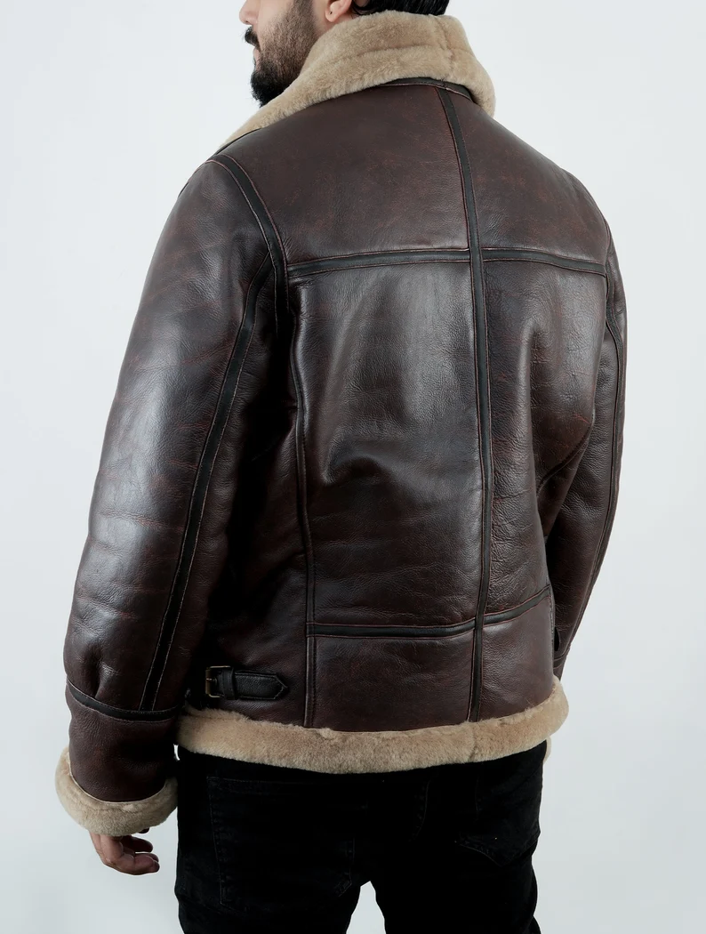 B3 RAF Brown Mens Bomber Flying Aviator Fur Irvin Shearling Leather Jacket B3 Bomber Sheepskin Leather Jacket Handmade Leather Jacket — image 4