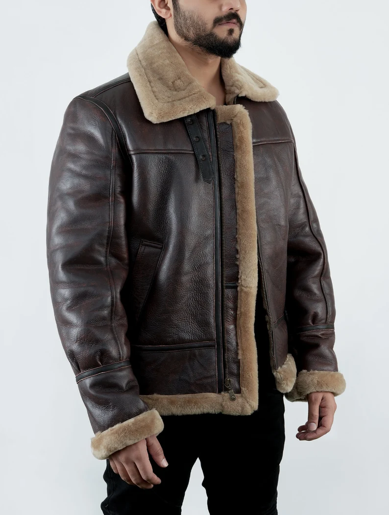 B3 RAF Brown Mens Bomber Flying Aviator Fur Irvin Shearling Leather Jacket B3 Bomber Sheepskin Leather Jacket Handmade Leather Jacket — image 5