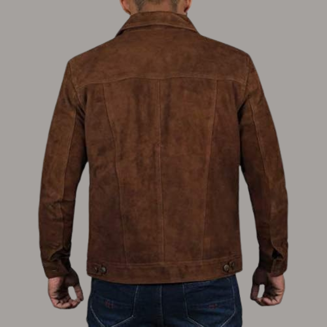 Classic Brown Suede Leather Jacket Elevate your style with our classic brown suede leather jacket, meticulously crafted from genuine sheepskin suede leather. Known for its softness and durability, this jacket combines luxury with practicality. The sleek design features a button front closure, ensuring a secure and stylish fit that’s perfect for both casual outings and more formal occasions. — image 4