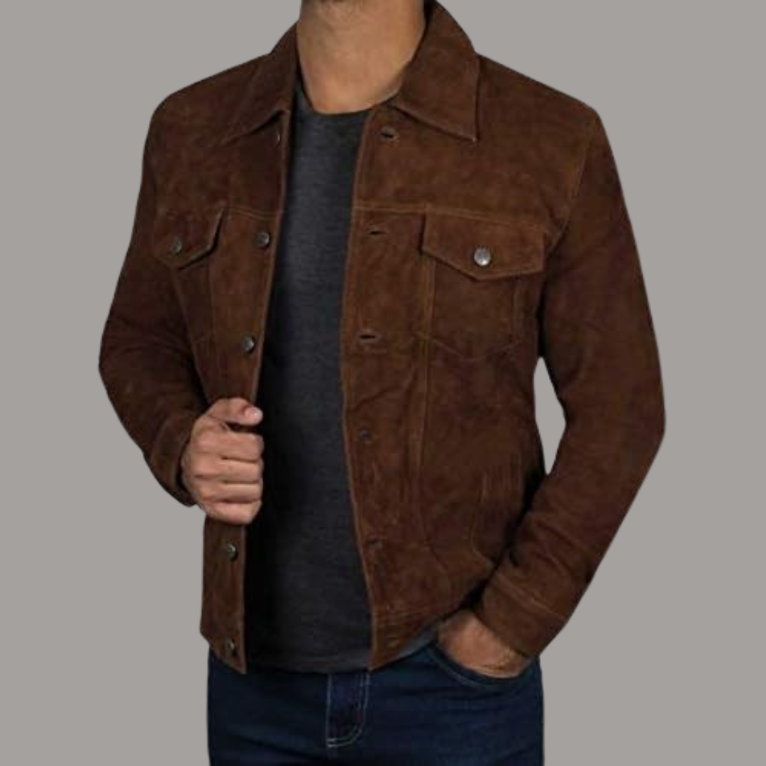 Classic Brown Suede Leather Jacket Elevate your style with our classic brown suede leather jacket, meticulously crafted from genuine sheepskin suede leather. Known for its softness and durability, this jacket combines luxury with practicality. The sleek design features a button front closure, ensuring a secure and stylish fit that’s perfect for both casual outings and more formal occasions. — image 3
