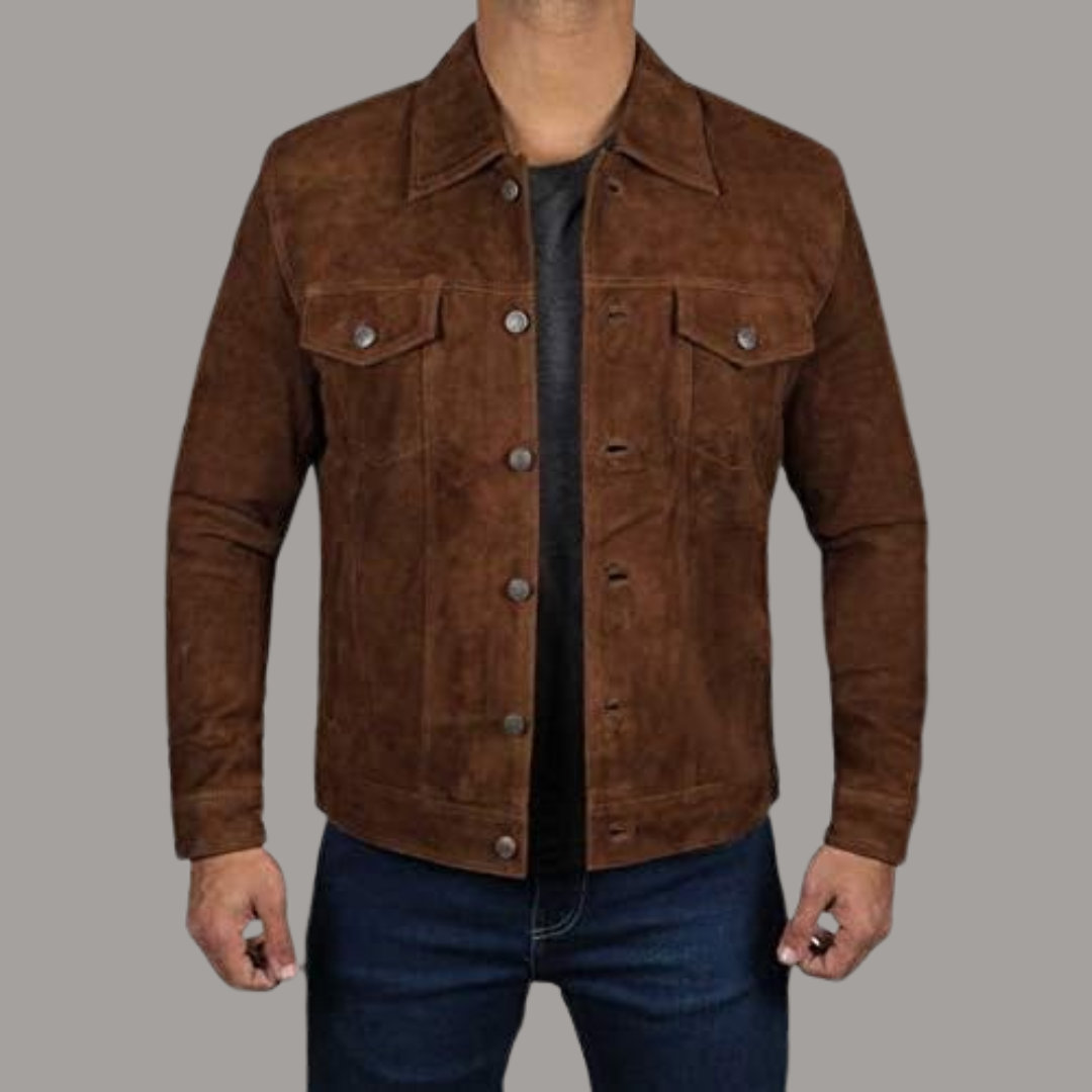 Classic Brown Suede Leather Jacket Elevate your style with our classic brown suede leather jacket, meticulously crafted from genuine sheepskin suede leather. Known for its softness and durability, this jacket combines luxury with practicality. The sleek design features a button front closure, ensuring a secure and stylish fit that’s perfect for both casual outings and more formal occasions. — image 2