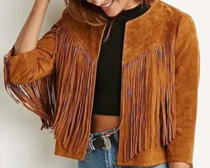 Brown Vegan Suede Fringe Jacket with Trim Sleeves &amp; Style