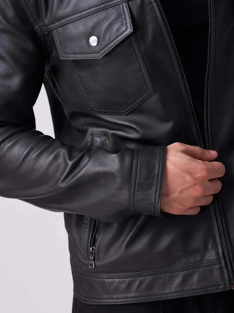 Men’s Black Biker Leather Jacket – Handmade Lambskin — image 2