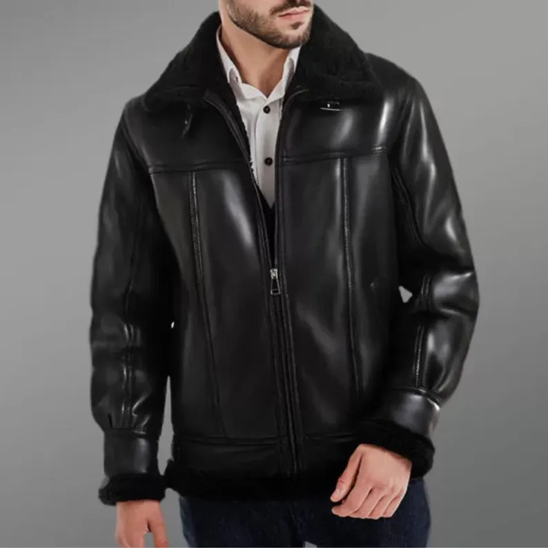 B3 RAF Black Men’s Shearling Bomber Leather Jacket — image 2