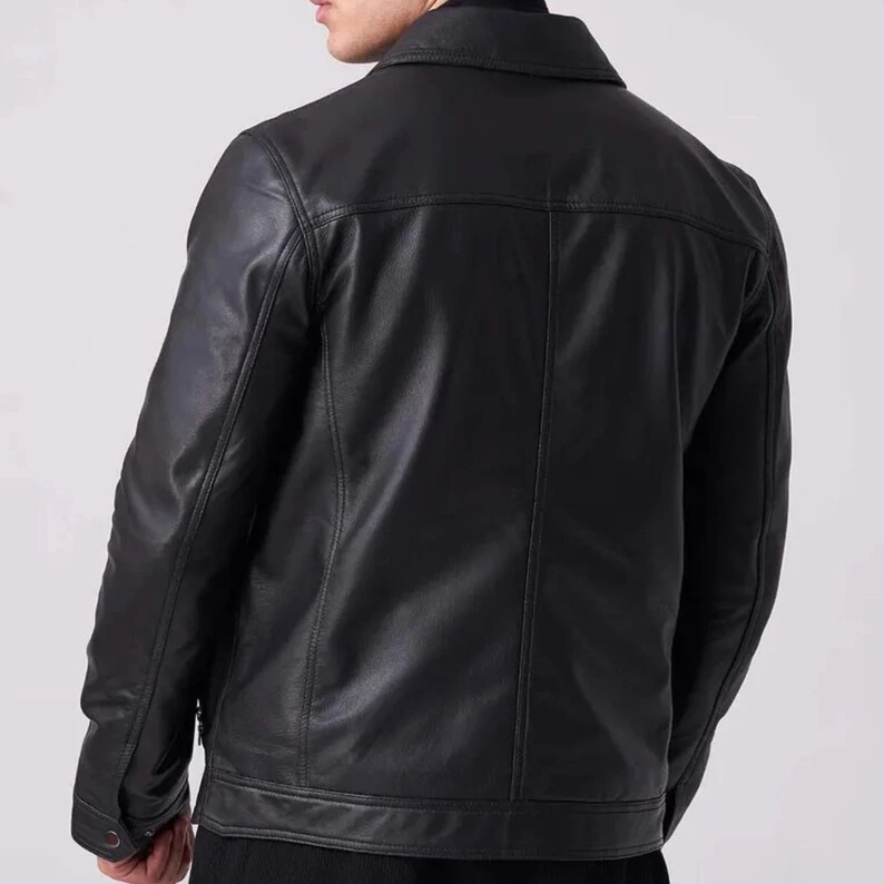 Men’s Black Biker Leather Jacket – Handmade Lambskin — image 5
