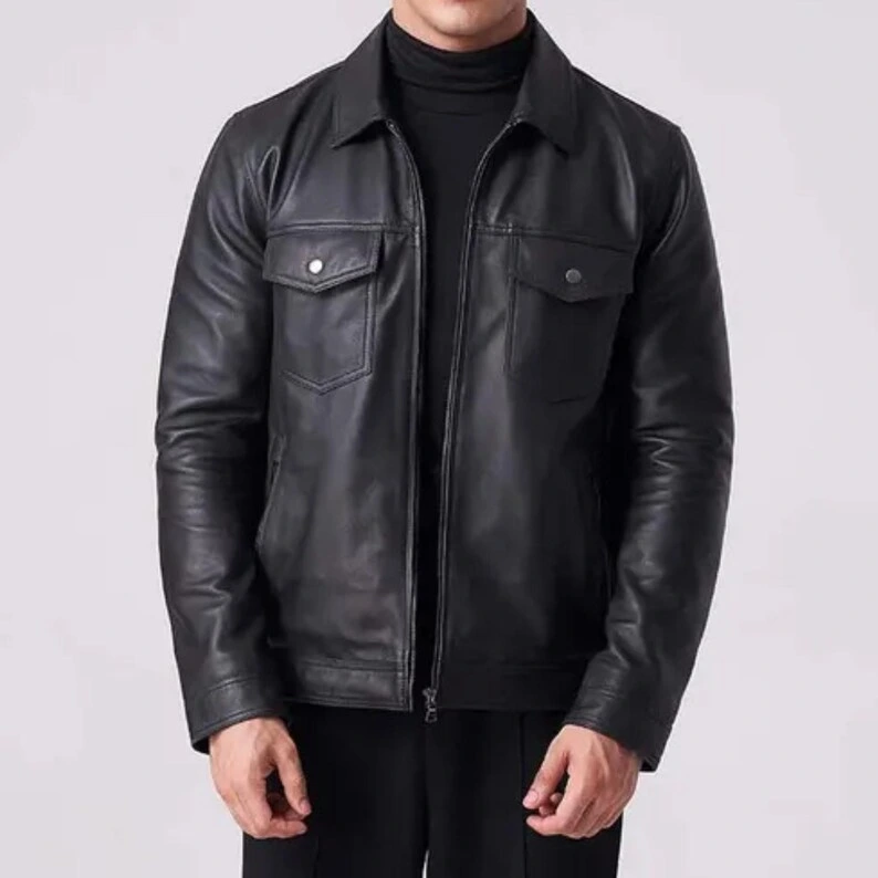 Men’s Black Biker Leather Jacket – Handmade Lambskin — image 4