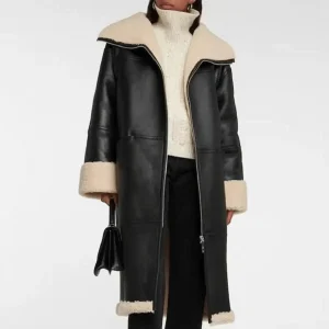 Black Women’s Shearling Bomber Aviator Leather Coat