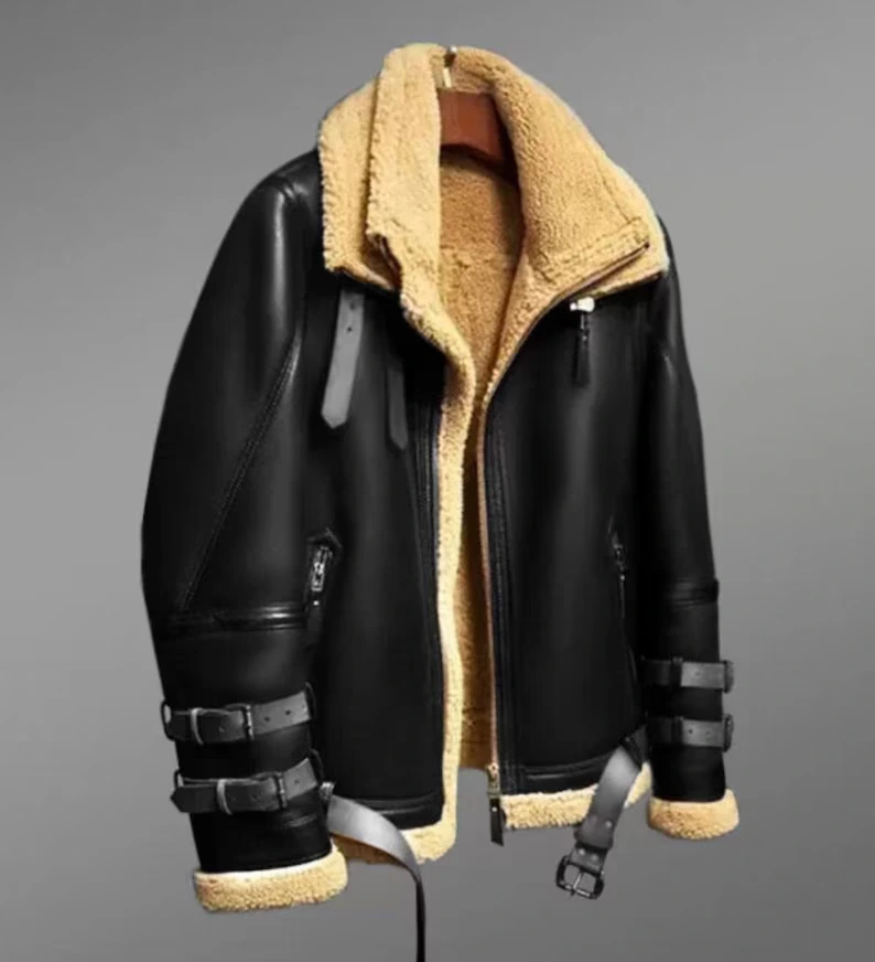 B3 RAF Black Men’s Shearling Bomber Leather Flying Jacket — image 2
