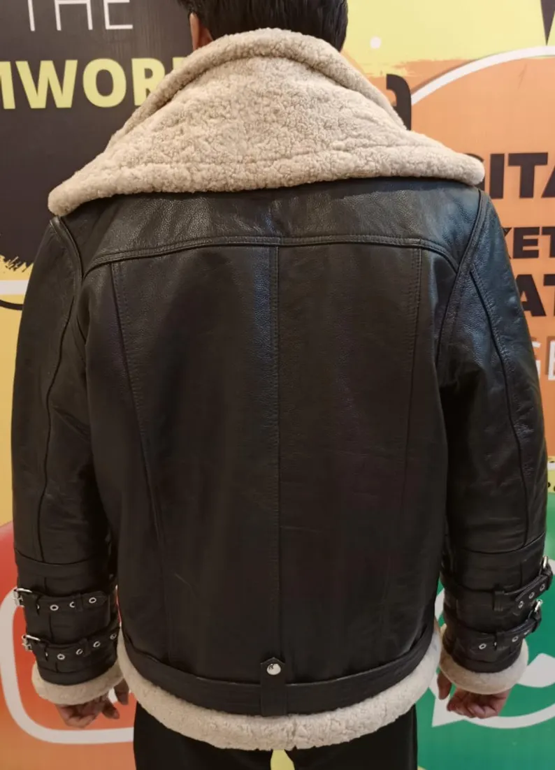 B3 RAF Black Men’s Bomber Leather Jacket with Shearling — image 2
