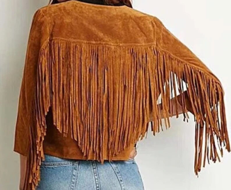 Brown Vegan Suede Fringe Jacket with Trim Sleeves &amp; Style — image 2