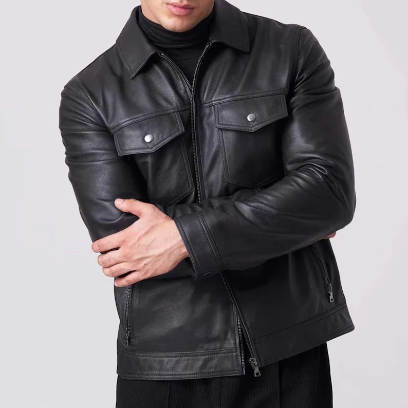 Men’s Black Biker Leather Jacket – Handmade Lambskin — image 3