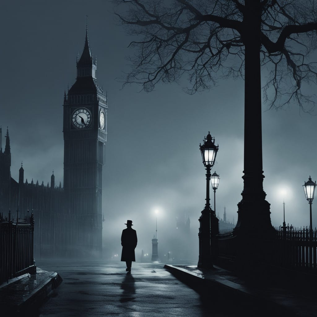Silhouette of a man standing next to an ornate lamppost