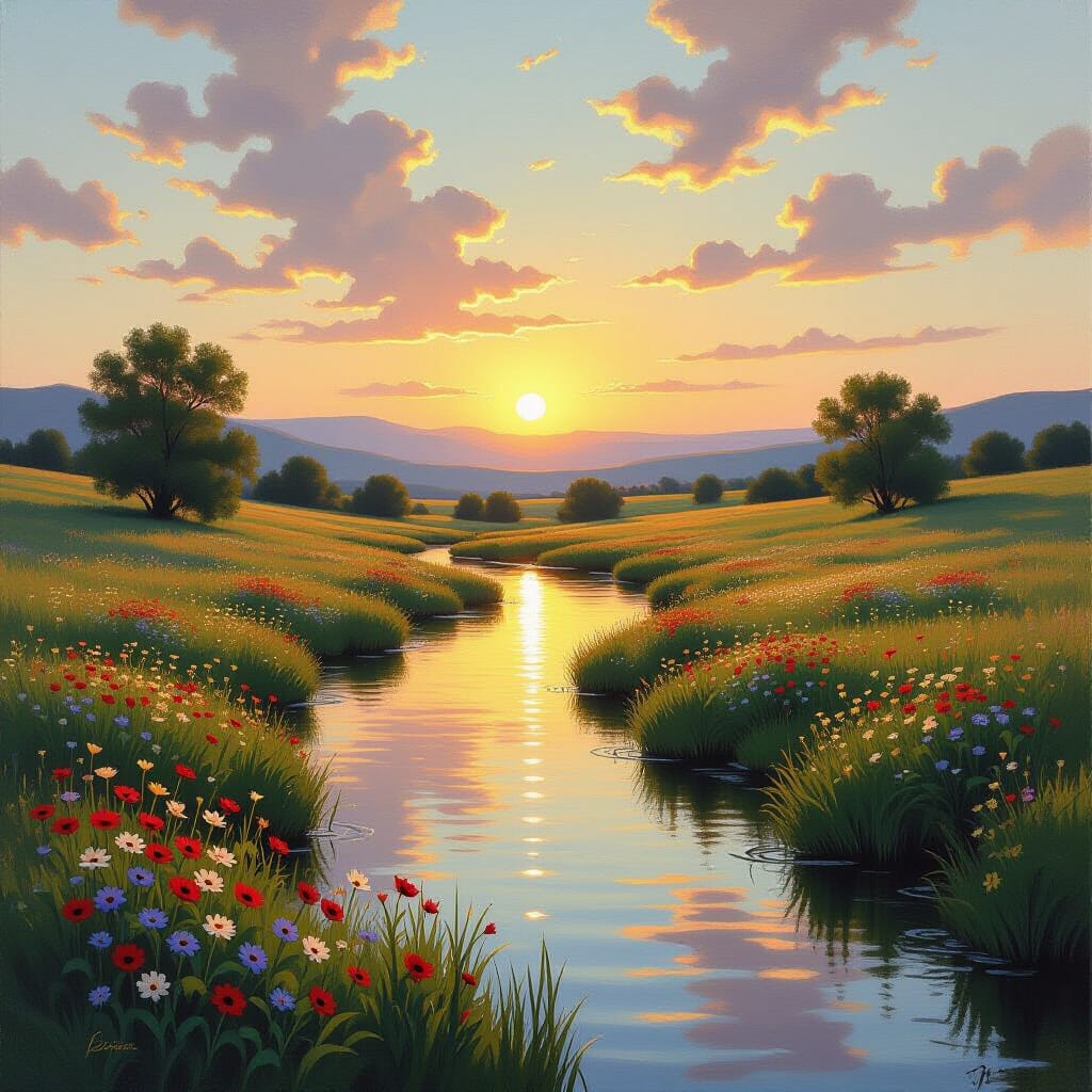 Golden Sunset Over Blossoming Fields 🌸✨