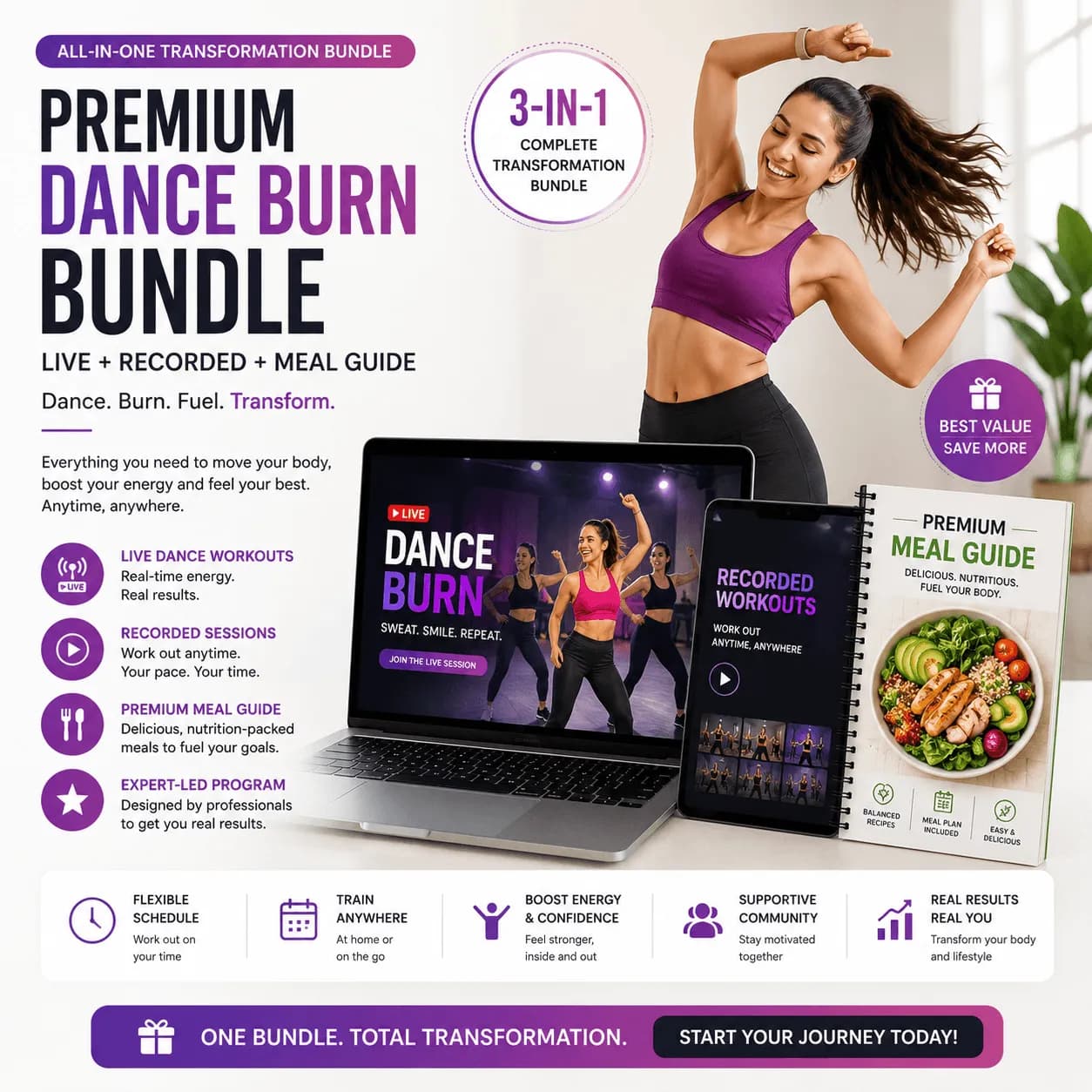 Premium Dance & Burn Bundle – Live + Recorded + Meal Guide