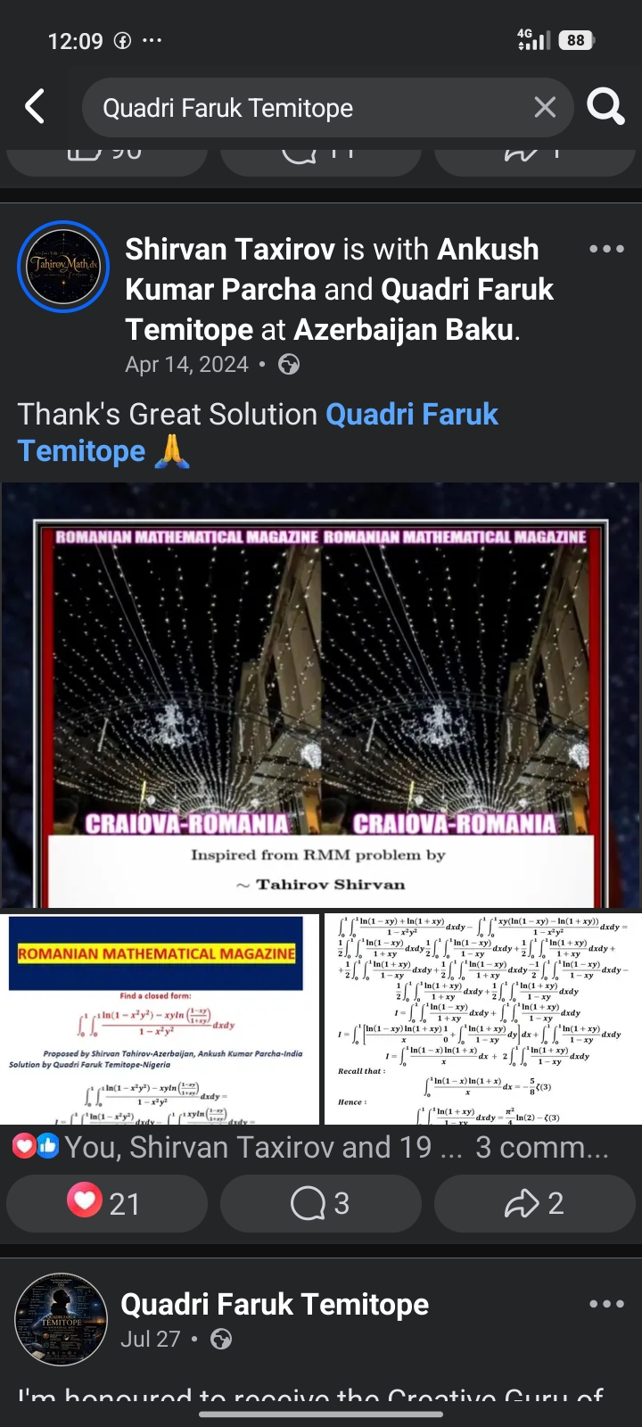 Recognized by Friends for Talented Mathematical Solutions