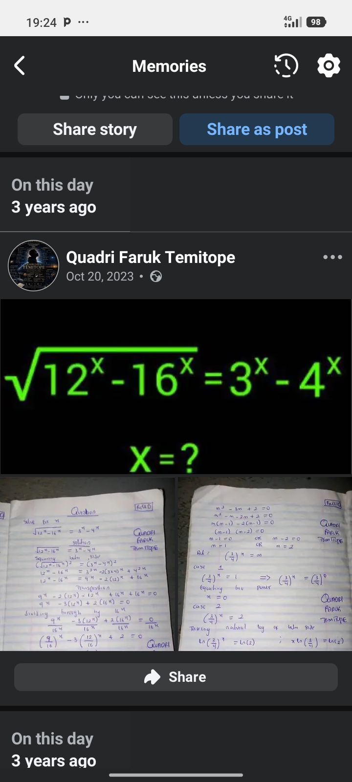 Exponential Equation Solution &amp; Algebraic Problem Solving