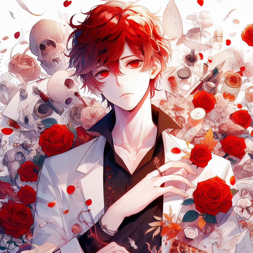 A Young Man With Red Hair And Red Eyes Surrounded by Roses