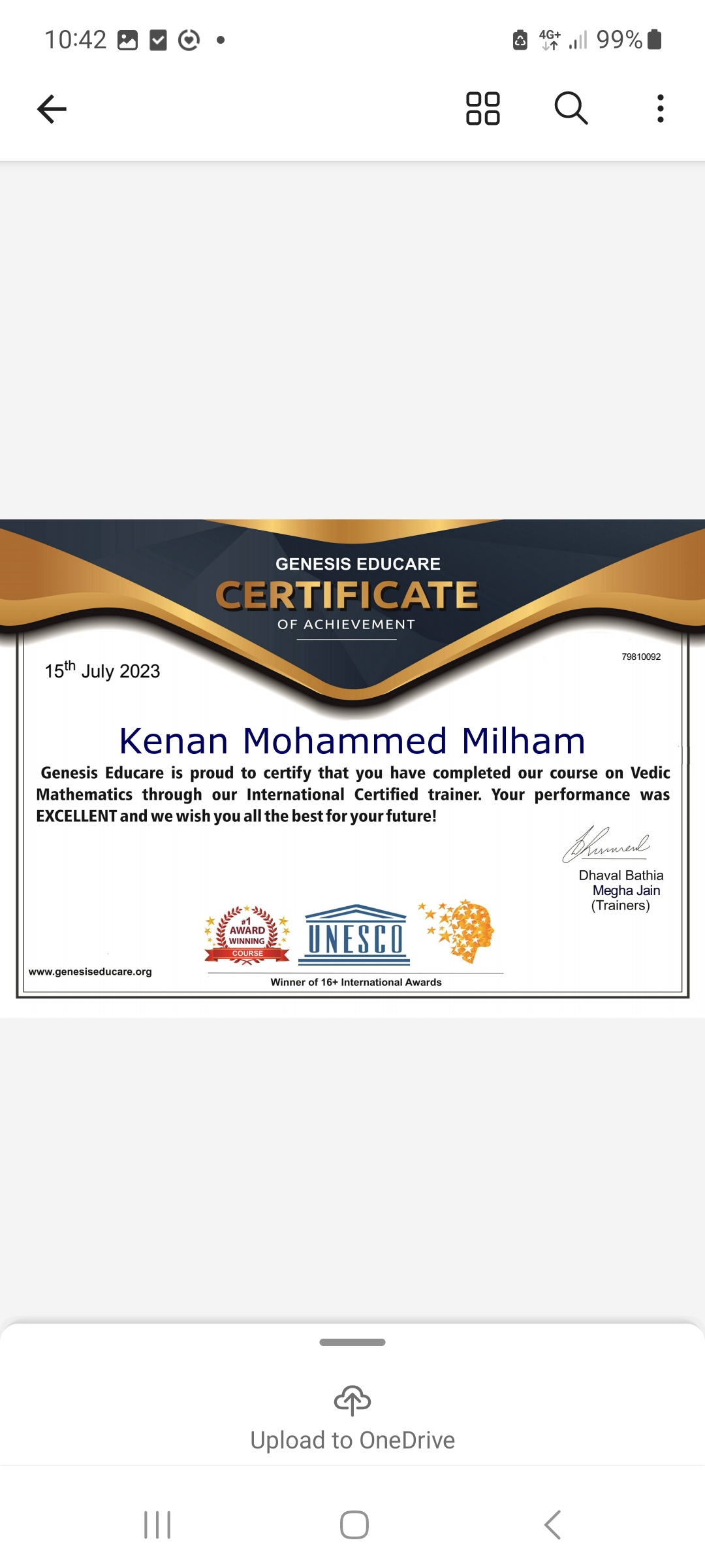 Outstanding Performance in Vedic Maths