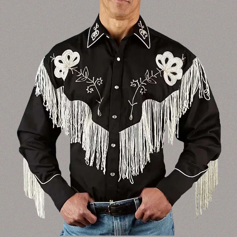 Ken Cosplay Costume Ryan Gosling Stylish Black Shirt with Embroidery, Tassels and Fringe – Perfect for Halloween Cosplay