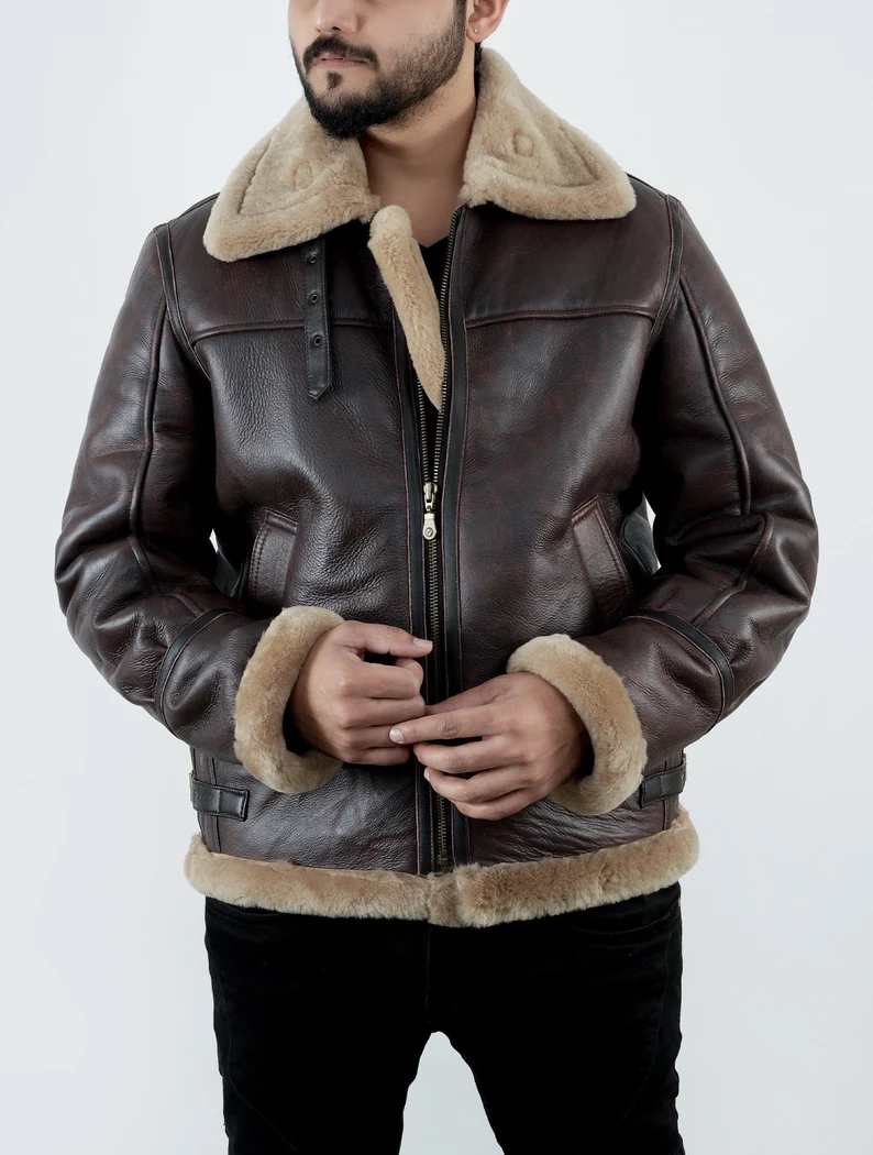 B3 RAF Brown Mens Bomber Flying Aviator Fur Irvin Shearling Leather Jacket B3 Bomber Sheepskin Leather Jacket Handmade Leather Jacket