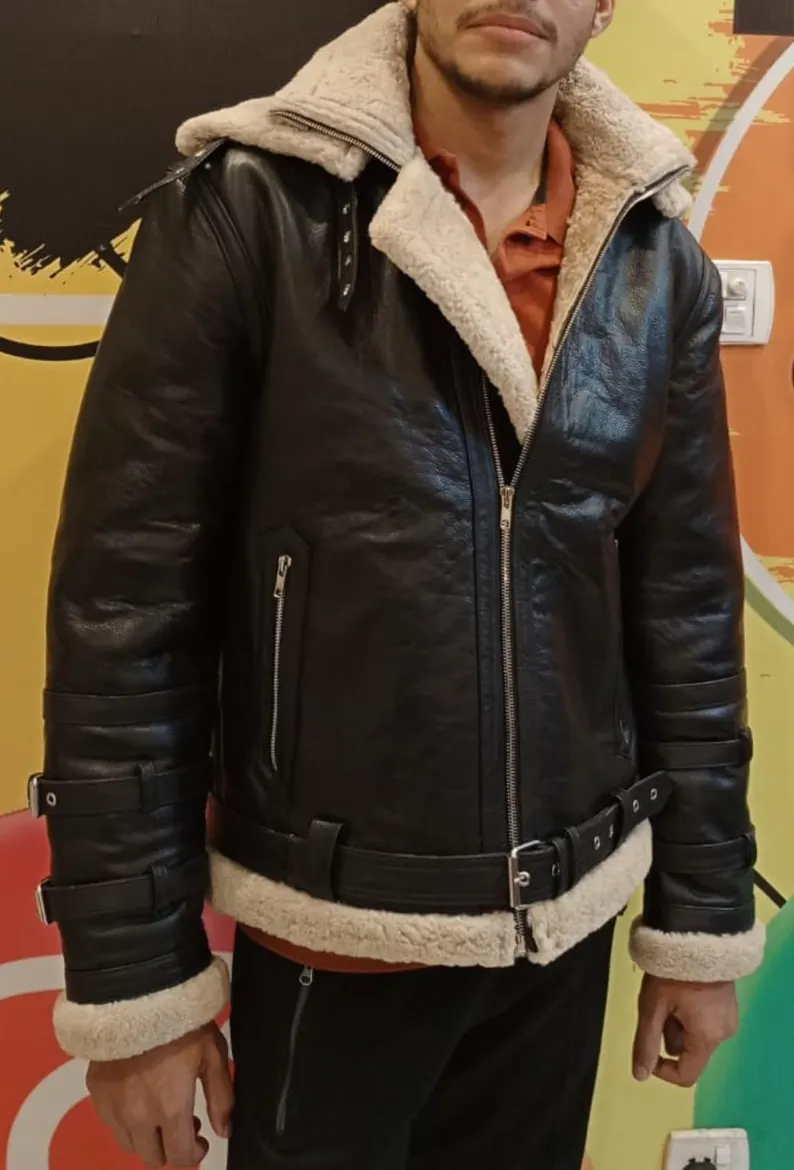 B3 RAF Black Men’s Bomber Leather Jacket with Shearling