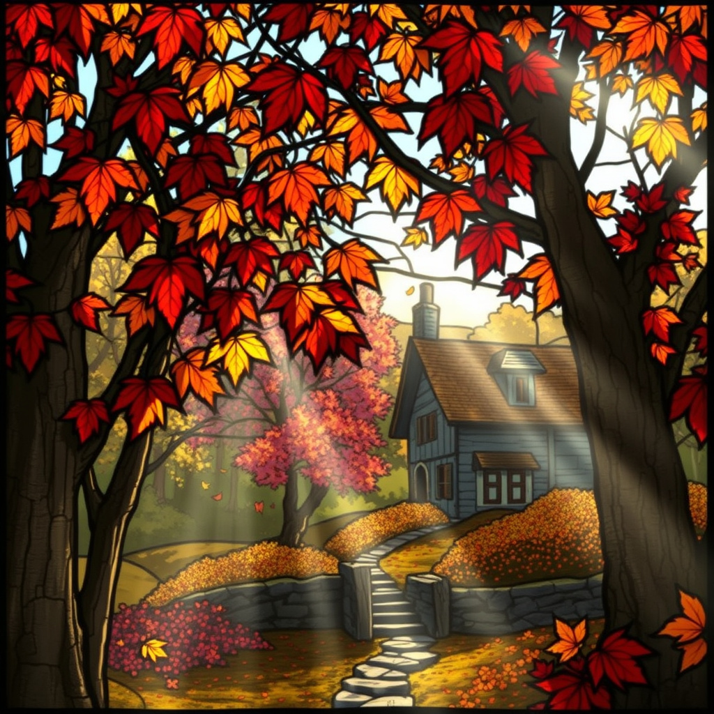 Autumn Sanctuary β A Cottage Beneath Crimson Leaves