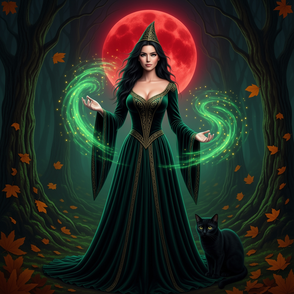 Emerald Enchantment: The Witch Beneath the Blood Moon