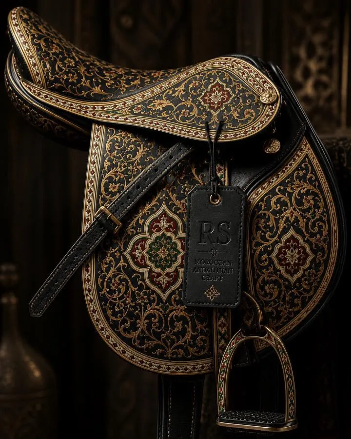 Moroccan-Andalusian Hand-Painted Saddle – Black and Gold