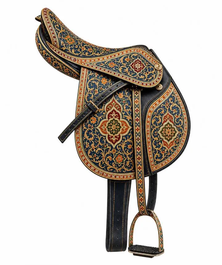 Moroccan-Andalusian Hand-Painted Saddle – Midnight Blue and Gold